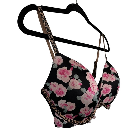 VICTORIA'S SECRET PUSH UP Black Pink Floral Leopard Print Underwire Bra 34DD - Picture 12 of 16